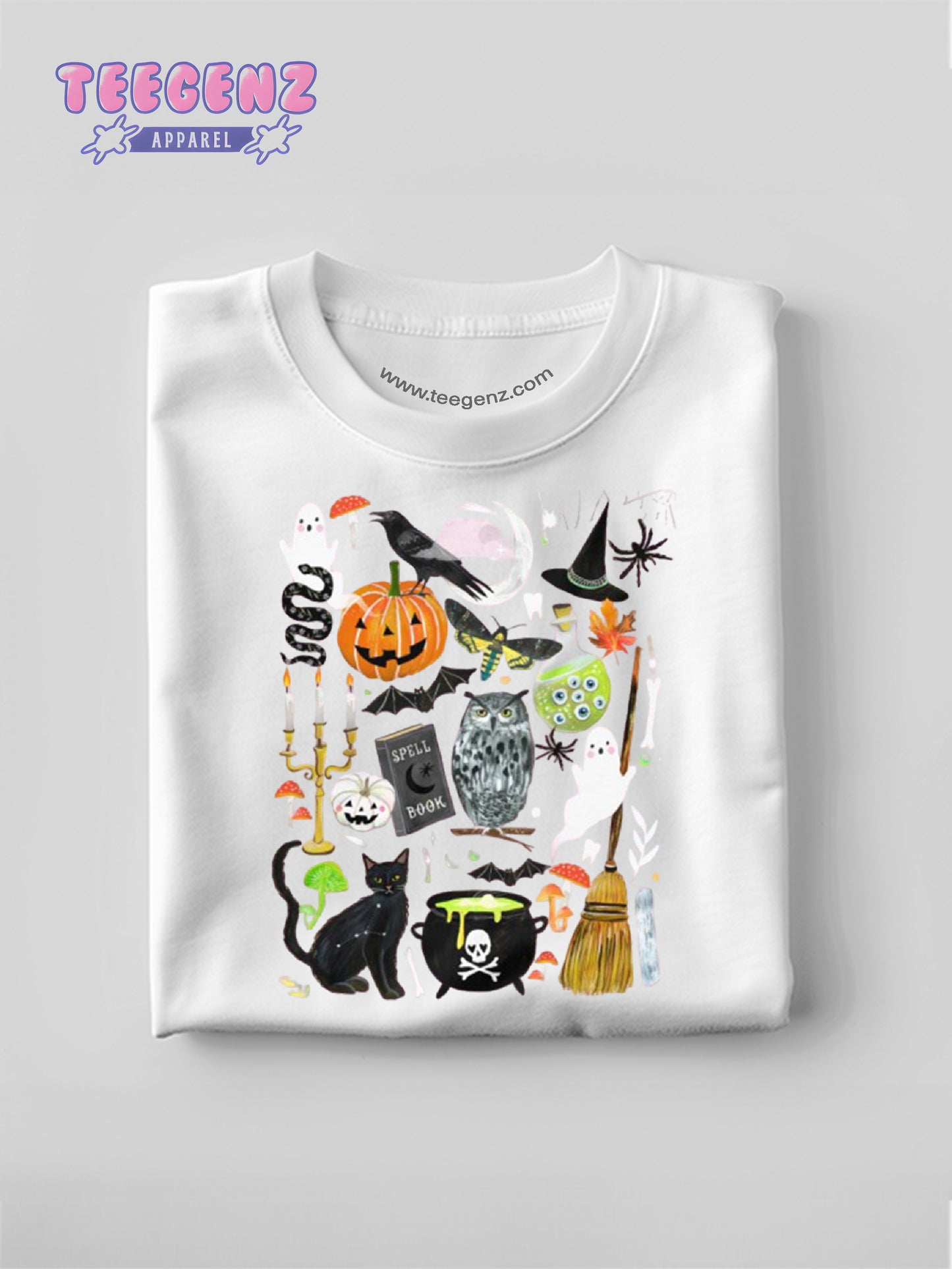 Comfort Colors Halloween Graphic T-Shirt, Witchy Cat and Pumpkin Design, Spooky Season Tee, Cute Halloween Shirt, Ghost, Owl, Broomstick, Halloween Party Outfit TGPR51