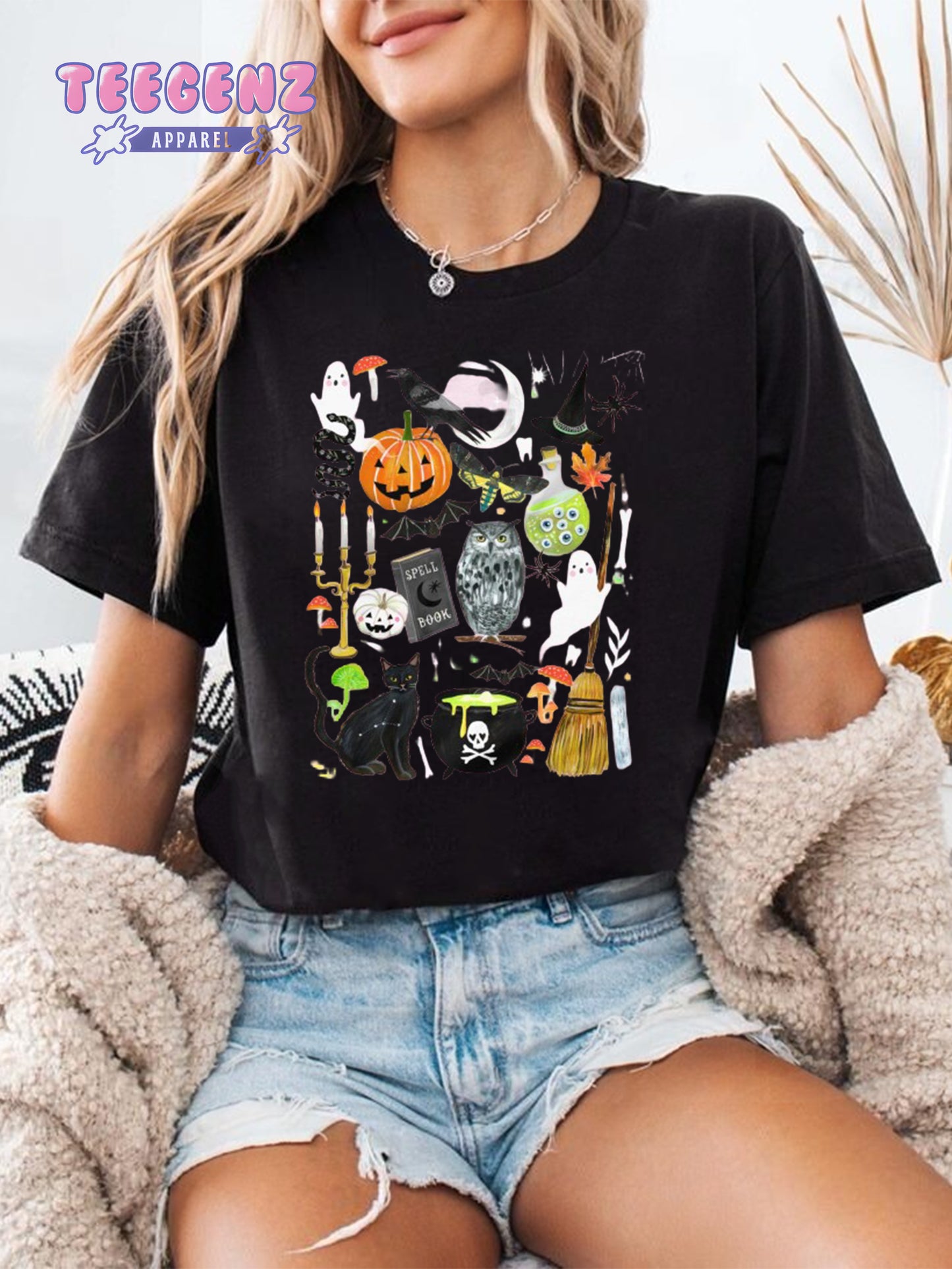 Comfort Colors Halloween Graphic T-Shirt, Witchy Cat and Pumpkin Design, Spooky Season Tee, Cute Halloween Shirt, Ghost, Owl, Broomstick, Halloween Party Outfit TGPR51