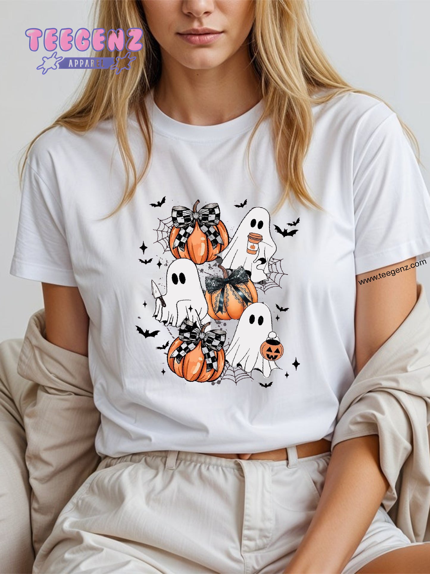 Comfort Colors Halloween Cute Ghost Pumpkin Latte Shirt, Cute Ghost Shirt, Retro Ghost Tee, Women's Halloween Shirt, Fall coffee shirtTGPR38