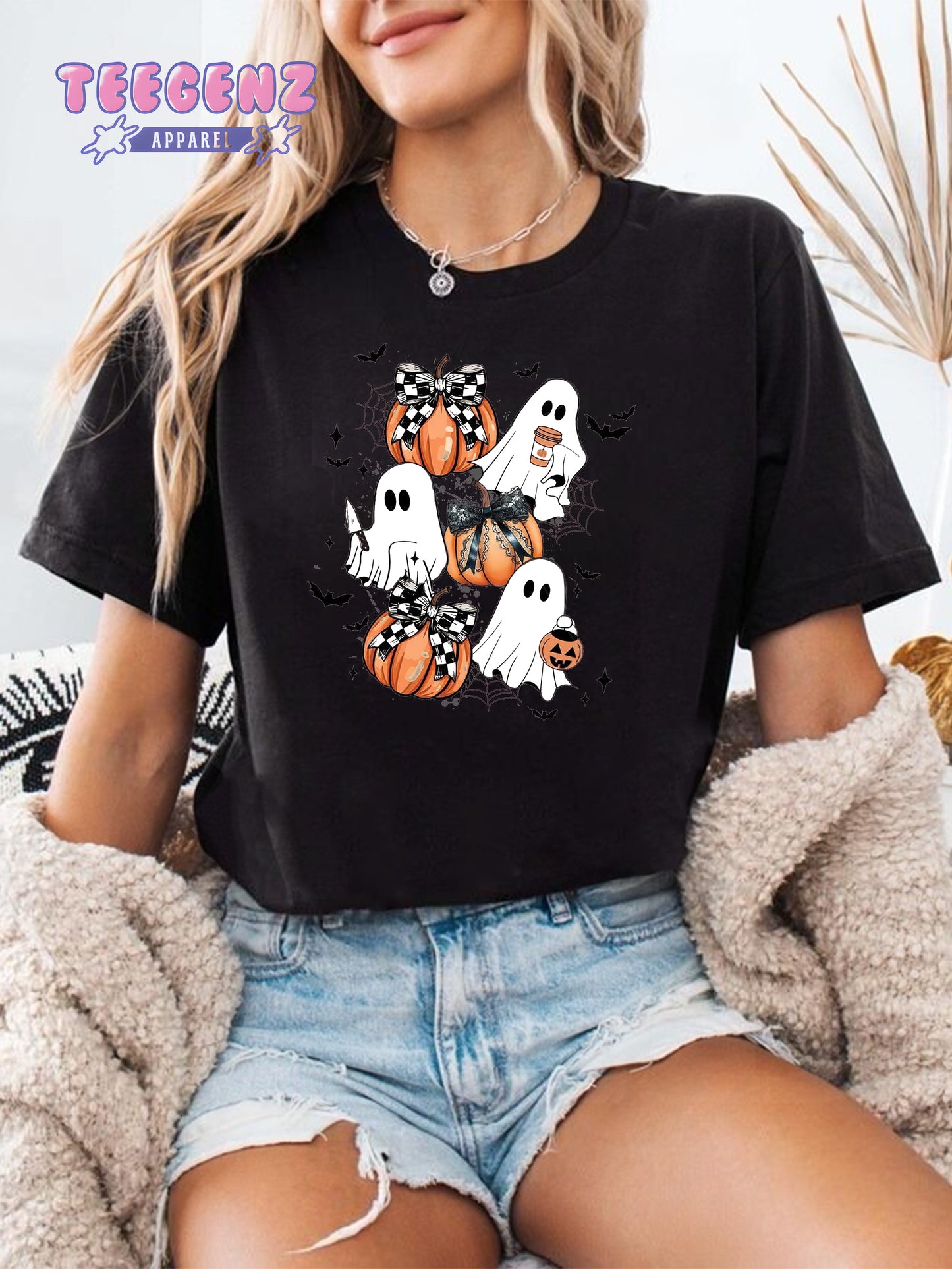 Comfort Colors Halloween Cute Ghost Pumpkin Latte Shirt, Cute Ghost Shirt, Retro Ghost Tee, Women's Halloween Shirt, Fall coffee shirtTGPR38