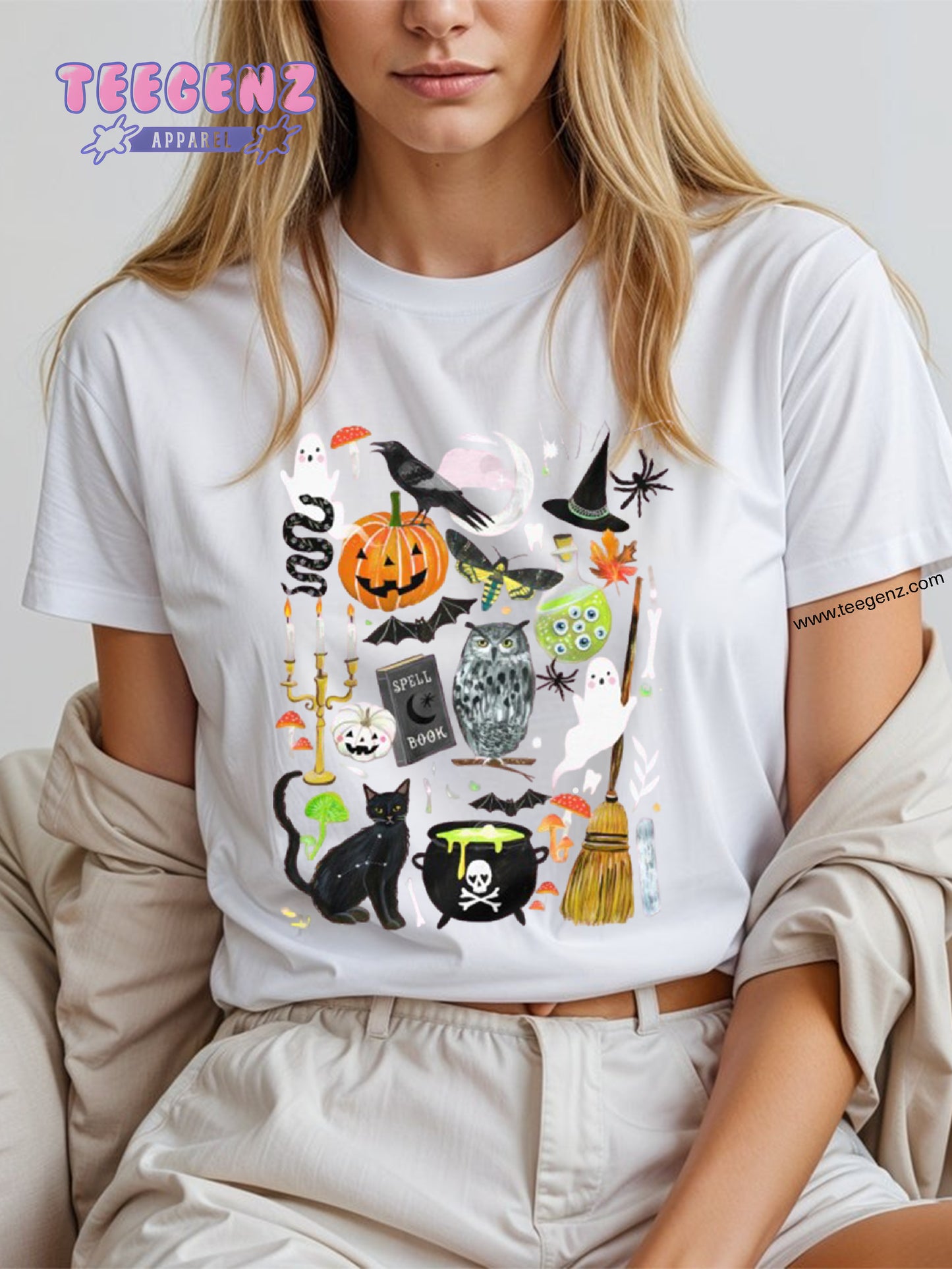 Comfort Colors Halloween Graphic T-Shirt, Witchy Cat and Pumpkin Design, Spooky Season Tee, Cute Halloween Shirt, Ghost, Owl, Broomstick, Halloween Party Outfit TGPR51